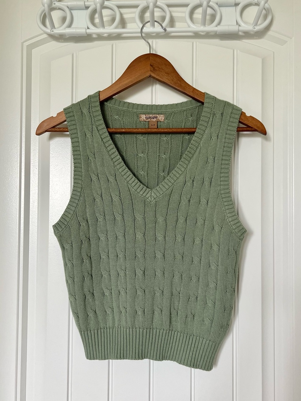 Harlow Cable-Pattern V-Neck Sweater Vest in Sage Green